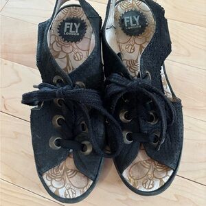 Fly London Black Lace-Up Wedge Sandals